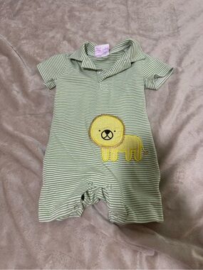 Green Striped Baby One-Piece with Yellow Lion Appliqué